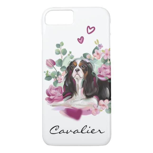 Cavalier art phone case | pink floral | tricolor (Back)