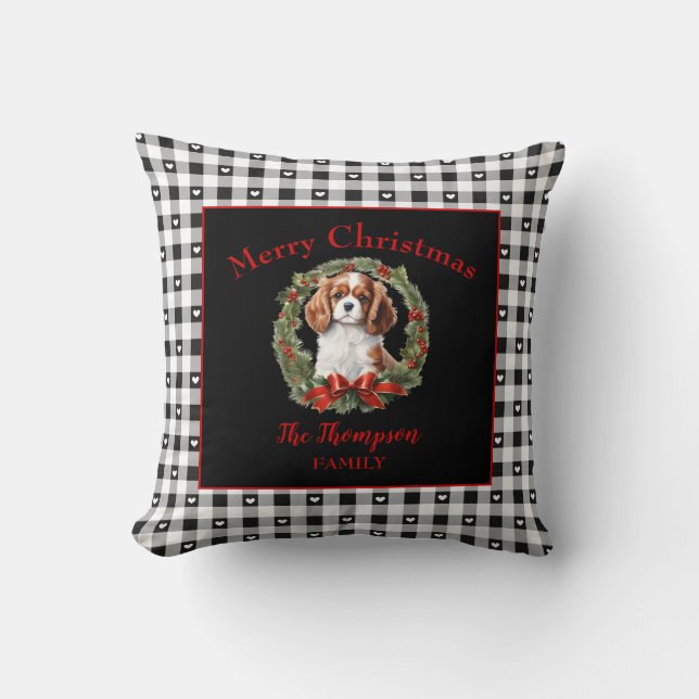 Cavalier Charles Christmas Gingham Family Name Cushion (Front)