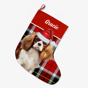Cavalier Kind Charles Holiday Plaid Personalised Large Christmas Stocking