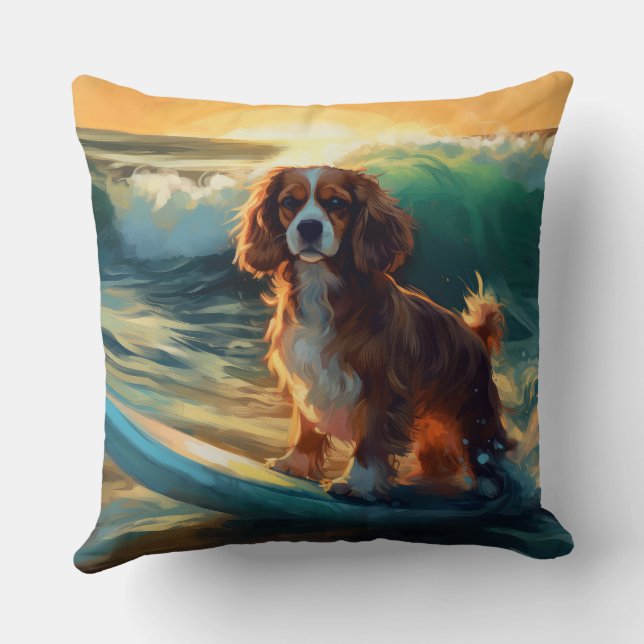 Cavalier King Beach Surfing Painting Cushion (Back)
