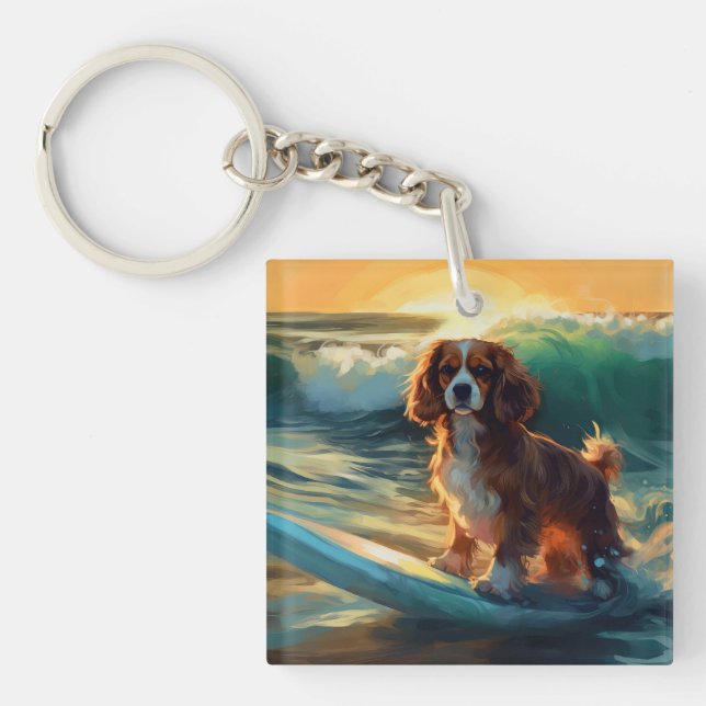 Cavalier King Beach Surfing Painting Key Ring (Front)
