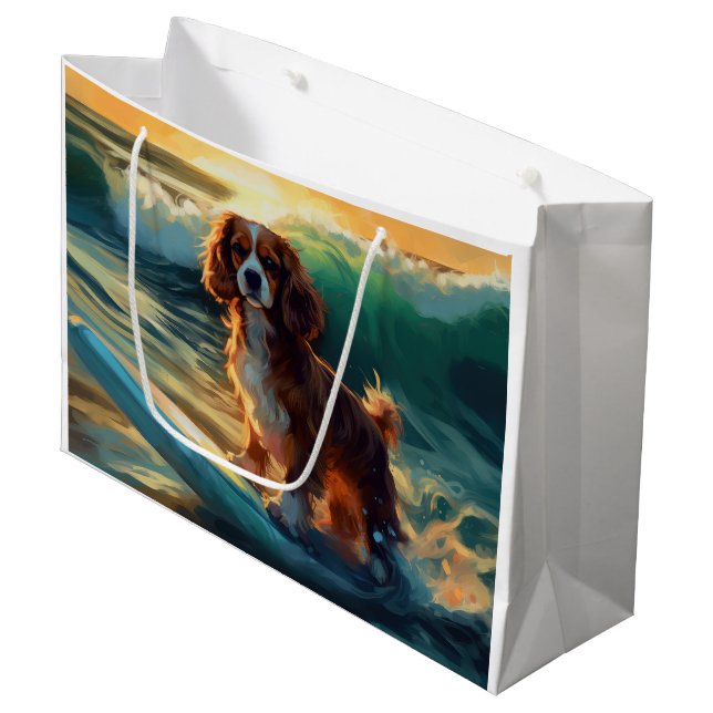 Cavalier King Beach Surfing Painting Large Gift Bag (Front Angled)