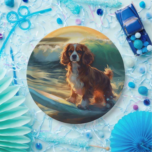 Cavalier King Beach Surfing Painting Paper Plate (Party)