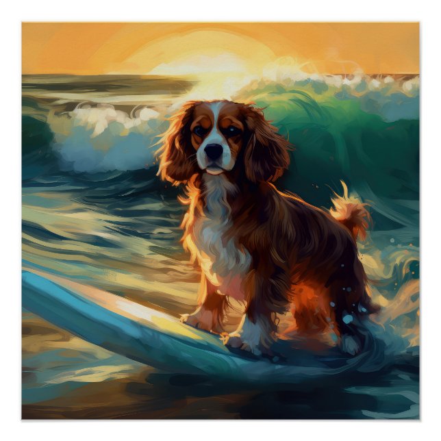 Cavalier King Beach Surfing Painting Poster (Front)