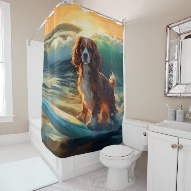 Cavalier King Beach Surfing Painting Shower Curtain (In Situ)
