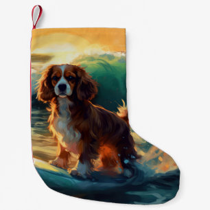 Cavalier King Beach Surfing Painting Small Christmas Stocking