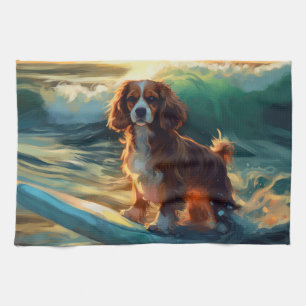 Cavalier King Beach Surfing Painting Tea Towel