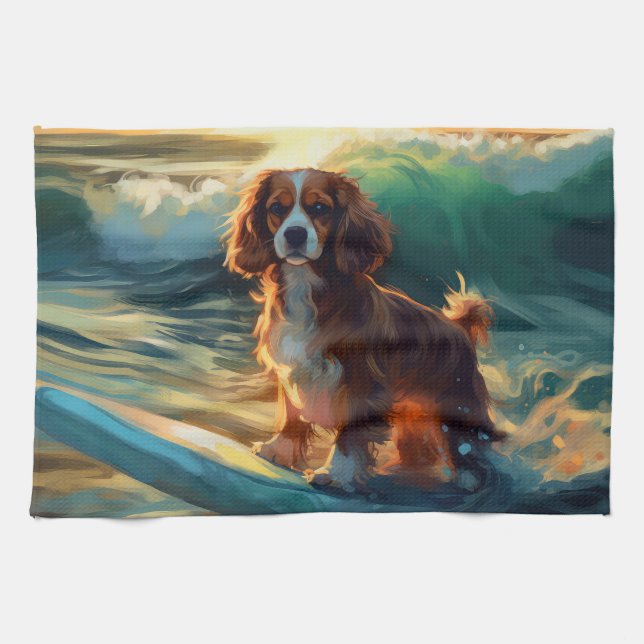 Cavalier King Beach Surfing Painting Tea Towel (Horizontal)