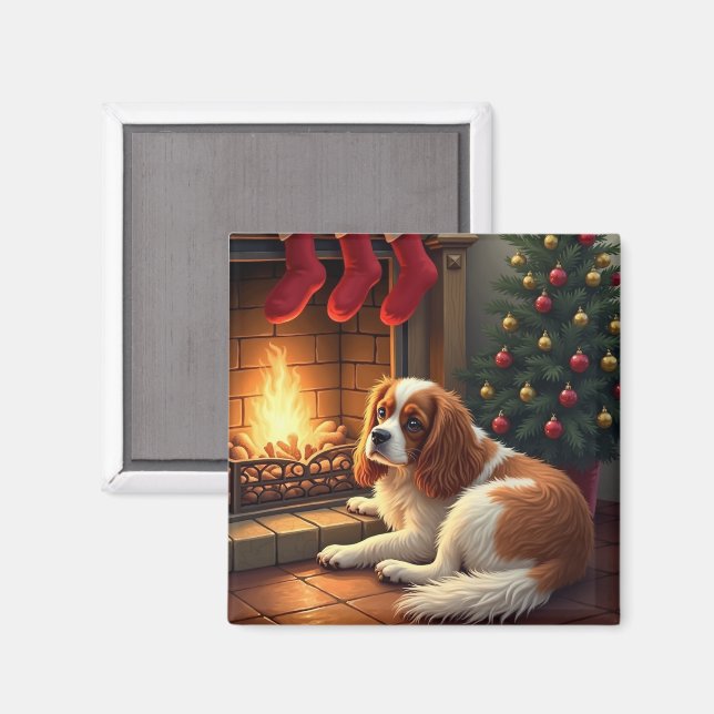 Cavalier King Charles by the Fireplace Christmas Magnet (Front/Back)