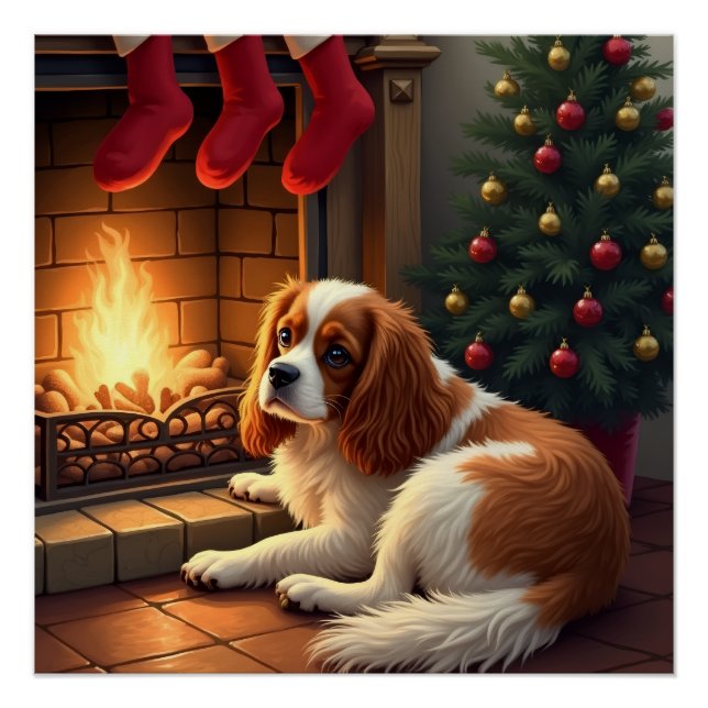 Cavalier King Charles by the Fireplace Christmas Poster (Front)