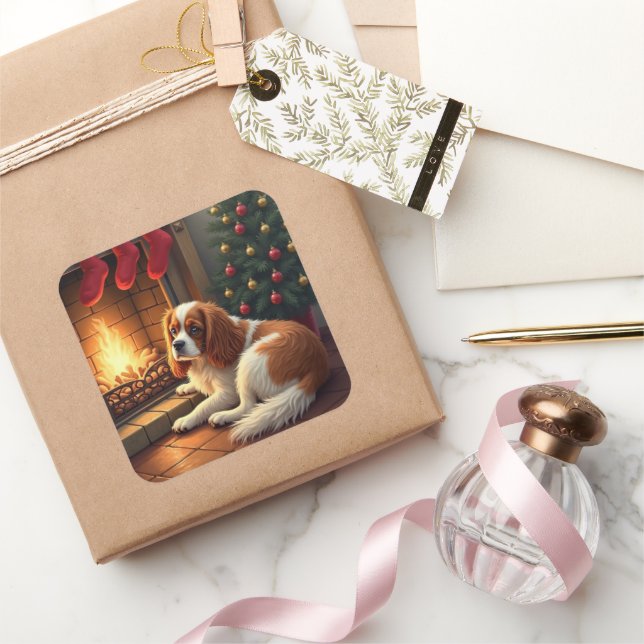Cavalier King Charles by the Fireplace Christmas Square Sticker (Gifting)