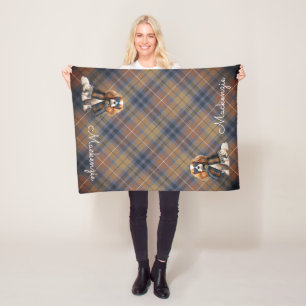 Cavalier King Charles Dog and Plaid Monogrammed Fleece Blanket