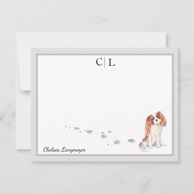 Cavalier King Charles Dog Grey Border Monogram Card (Front)