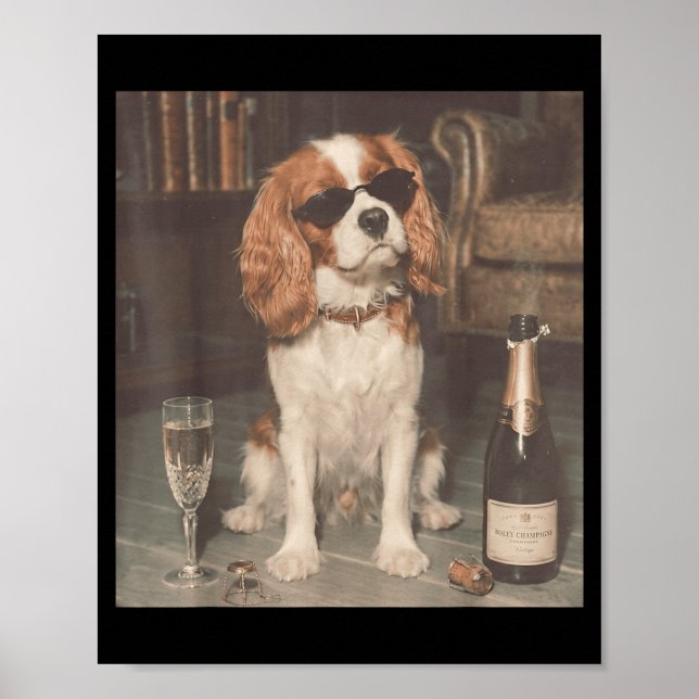 Cavalier King Charles Drinking Champagne Funny Poster (Front)