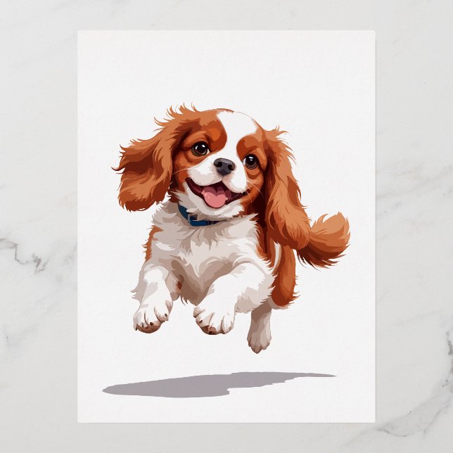 Cavalier King Charles Happy Playful Fun Jumping  Foil Holiday Postcard (Front)
