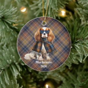 Cavalier King Charles Navy Plaid Personalised Dog Ceramic Tree Decoration