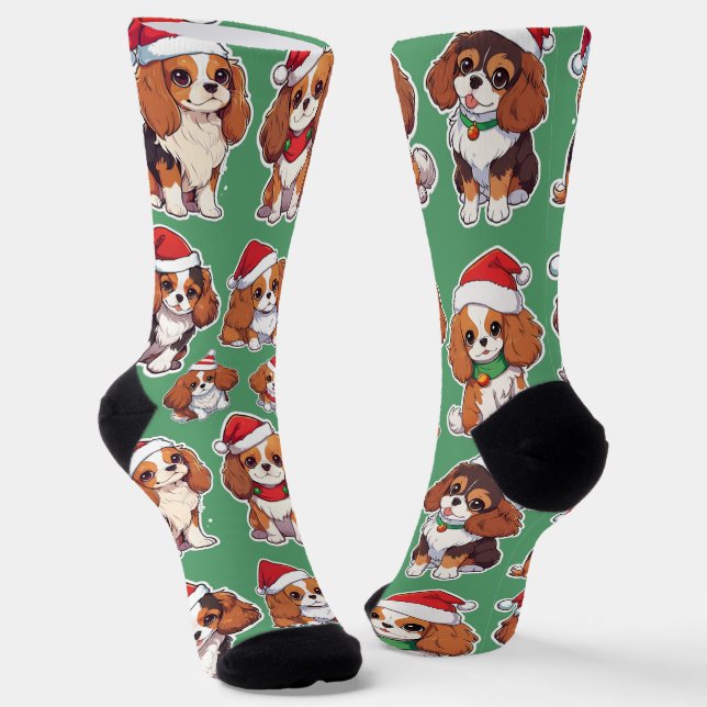 Cavalier King Charles Pastel Christmas Pattern Socks (Angled)