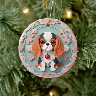 Cavalier King Charles Pink Flowers Paper Cutting Ceramic Tree Decoration