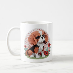 Cavalier King Charles Red Flowers Paper Cutting Coffee Mug