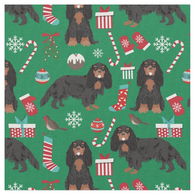Cavalier King Charles Spaniel black and tan xmas Fabric (Close Up)