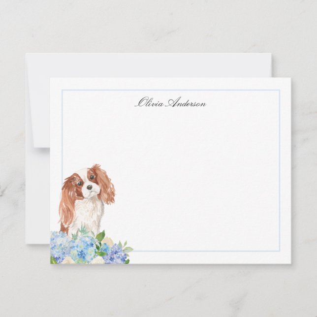 Cavalier King Charles Spaniel Blue Hydrangea Card (Front)