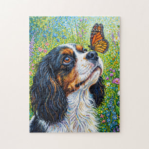 Cavalier King Charles Spaniel Butterfly Garden Jigsaw Puzzle