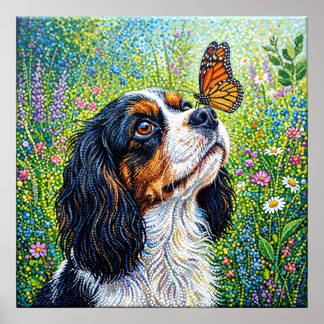 Cavalier King Charles Spaniel Butterfly Garden Pos Poster (Front)