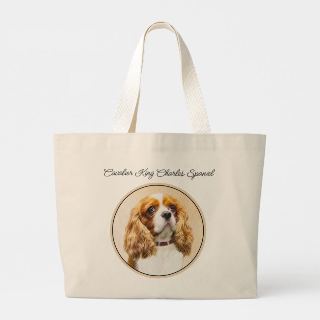 Cavalier King Charles Spaniel Cav Dog Art Painting Large Tote Bag (Back)