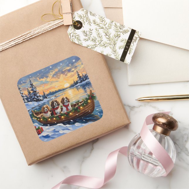 Cavalier King Charles Spaniel Christmas Boat Square Sticker (Gifting)