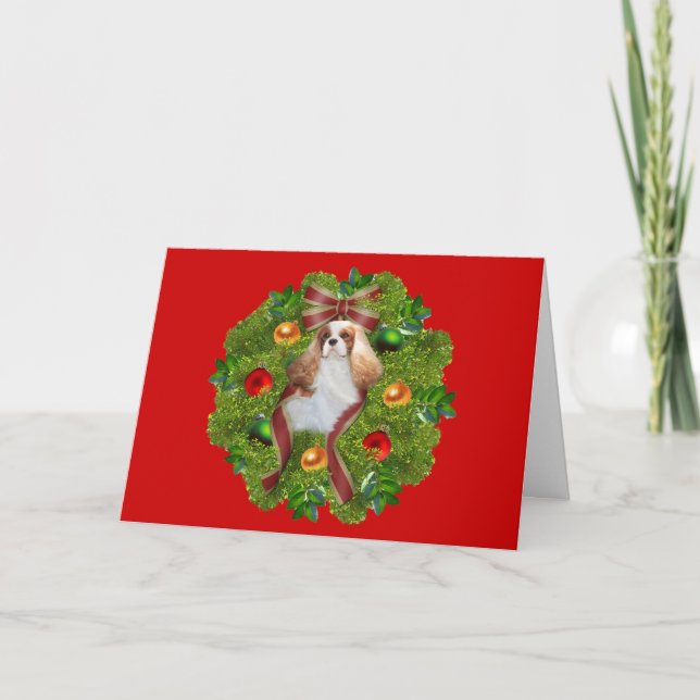 Cavalier King Charles Spaniel Christmas CardWreath Holiday Card (Front)