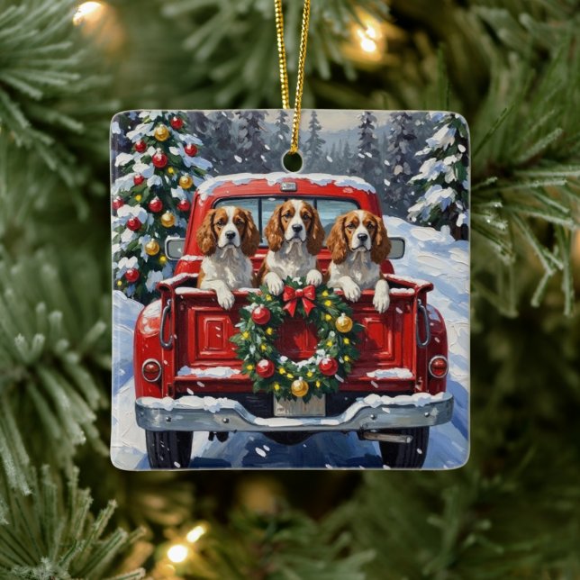 Cavalier King Charles Spaniel Christmas Red Truck Ceramic Ornament (Tree)