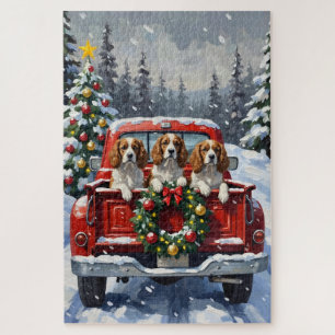 Cavalier King Charles Spaniel Christmas Red Truck Jigsaw Puzzle
