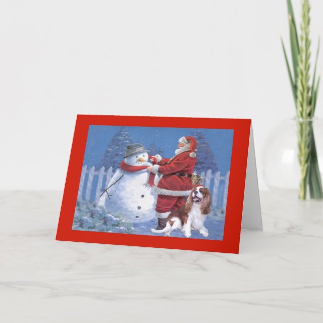 Cavalier King Charles Spaniel Christmas Snowman Holiday Card (Front)