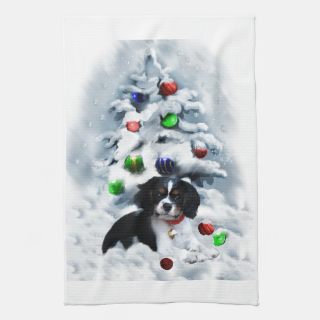 Cavalier King Charles Spaniel Christmas Tea Towel (Vertical)