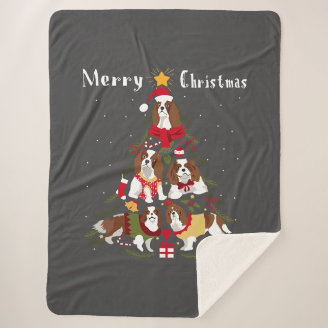 Cavalier King Charles Spaniel Christmas Tree Xmas Sherpa Blanket (Front)
