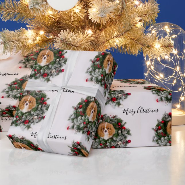 Cavalier King Charles Spaniel Christmas Wreath  Wrapping Paper (Holidays)