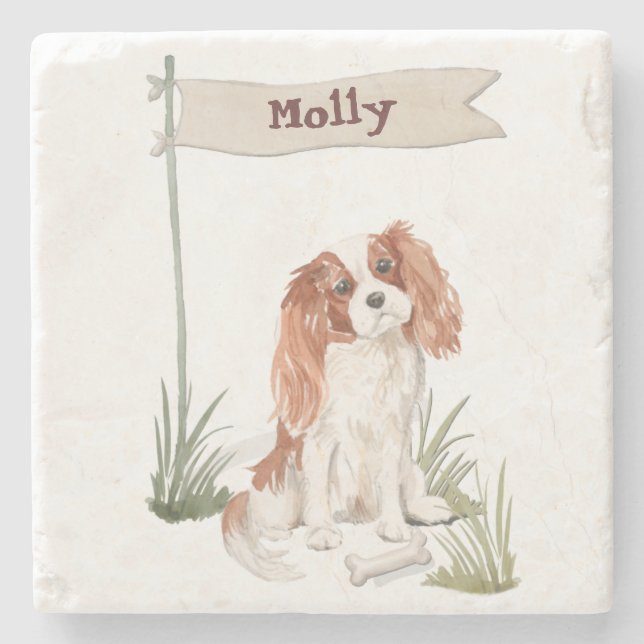 Cavalier King Charles Spaniel Customisable Name Stone Coaster (Front)