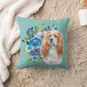 Cavalier King Charles Spaniel Dog Blue Floral Cushion