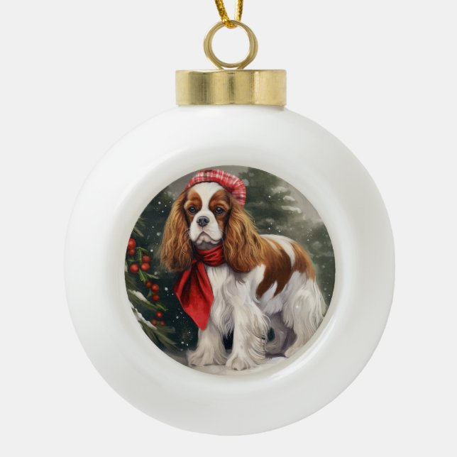 Cavalier King Charles Spaniel Dog Christmas Ceramic Ball Christmas Ornament (Front)