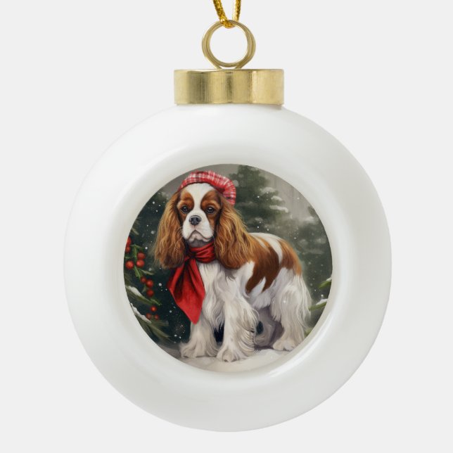 Cavalier King Charles Spaniel Dog Christmas Ceramic Ball Christmas Ornament (Front)