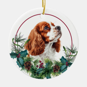 Cavalier King Charles Spaniel Dog Evergreen Wreath Ceramic Tree Decoration