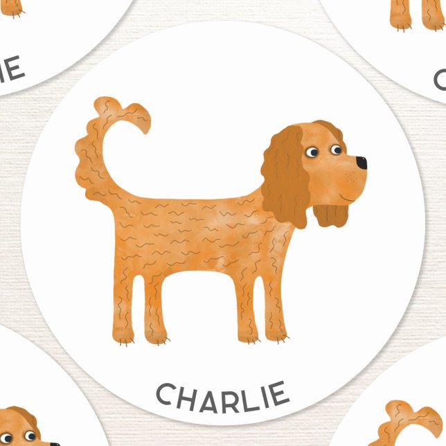 Cavalier King Charles Spaniel Dog Personalised Classic Round Sticker (Fun Spaniel dog personalized name sticker)