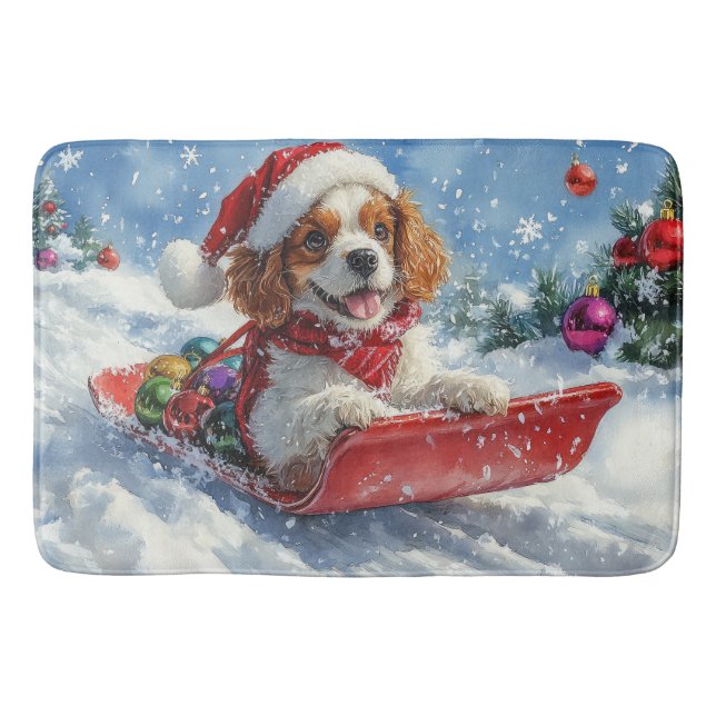 Cavalier King Charles Spaniel Dog Sledge Christmas Bath Mat (Front)