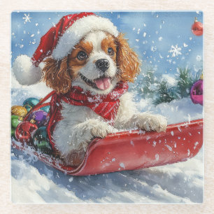 Cavalier King Charles Spaniel Dog Sledge Christmas Glass Coaster
