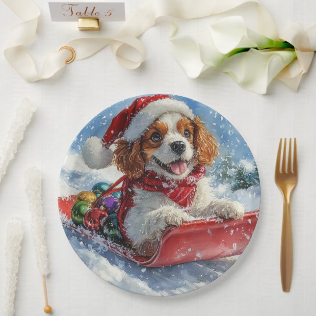 Cavalier King Charles Spaniel Dog Sledge Christmas Paper Plate (Wedding)