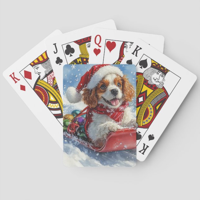 Cavalier King Charles Spaniel Dog Sledge Christmas Playing Cards (Back)