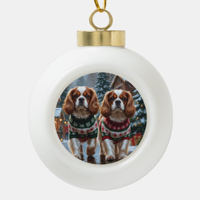 Cavalier King Charles Spaniel Dogs Christmas Snow  Ceramic Ball Christmas Ornament (Front)