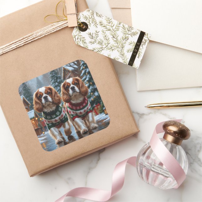 Cavalier King Charles Spaniel Dogs Christmas Snow  Square Sticker (Gifting)