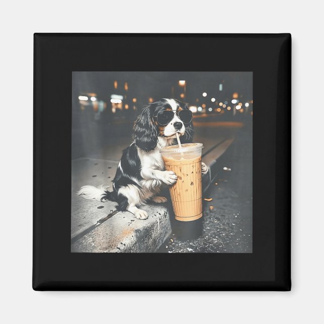 Cavalier king charles spaniel drinking iced coffee magnet (Front)