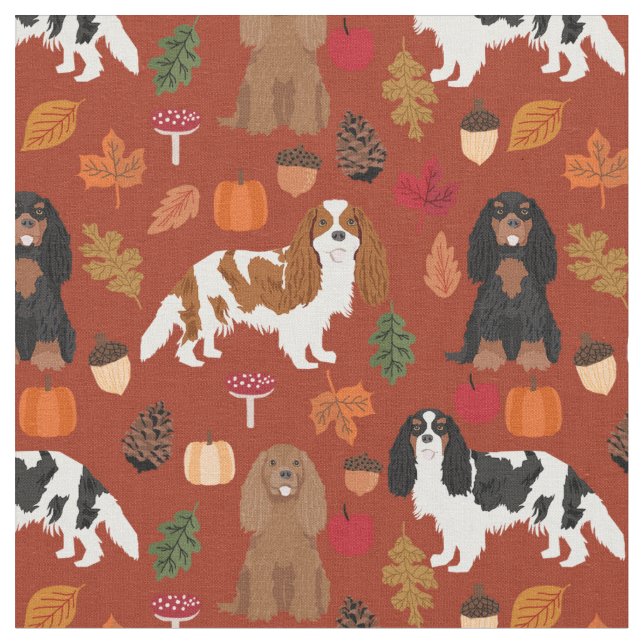 Cavalier King Charles Spaniel fall leaves Fabric (Close Up)